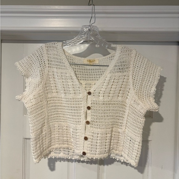 Rebellion Tops - Rebellion Cream Crochet Button-Up Blouse